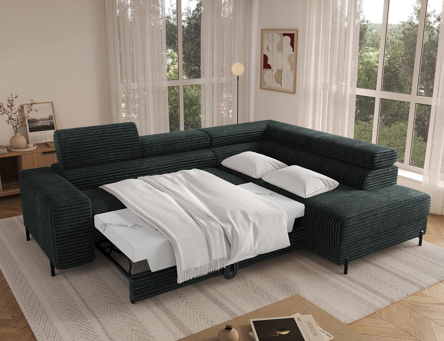 Kampinė sofa - lova Colesio, žalia sp., dešininė, 200 x 274 cm x 93 cm - 6
