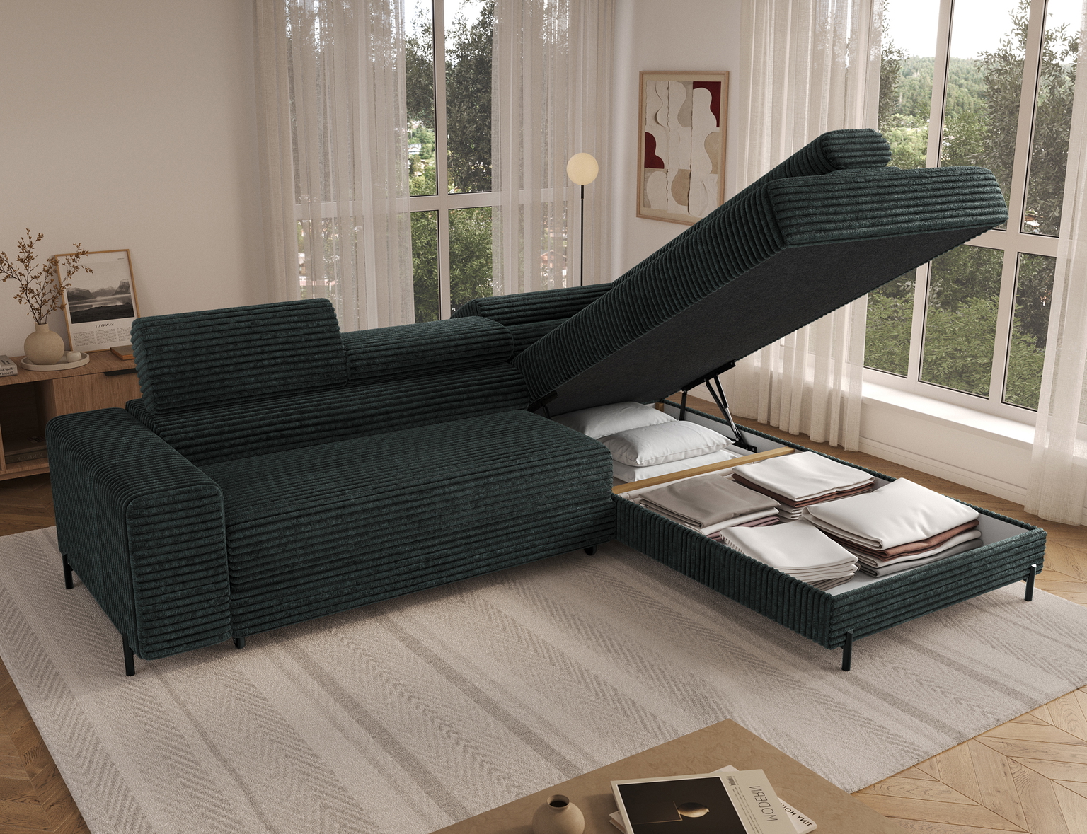 Kampinė sofa - lova Colesio, žalia sp., dešininė, 200 x 274 cm x 93 cm - 7