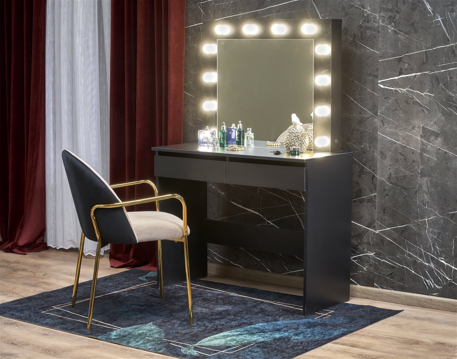 Kosmetinis staliukas HOLLYWOOD su veidrodžiu, juodas