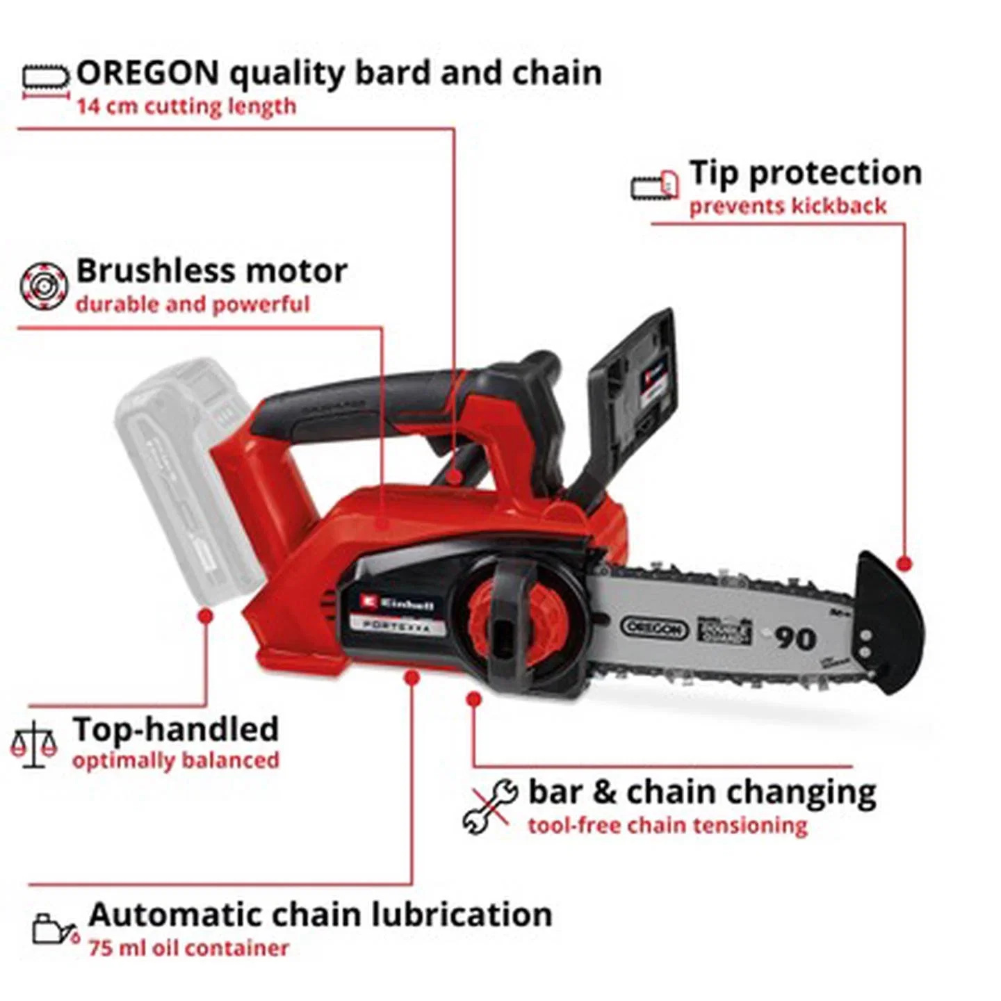 Akumuliatorinis grandininis pjūklas EINHELL Fortexxa 18/20 TH, 18 V, 20 cm, 7 m/s, be akumuliator.-1