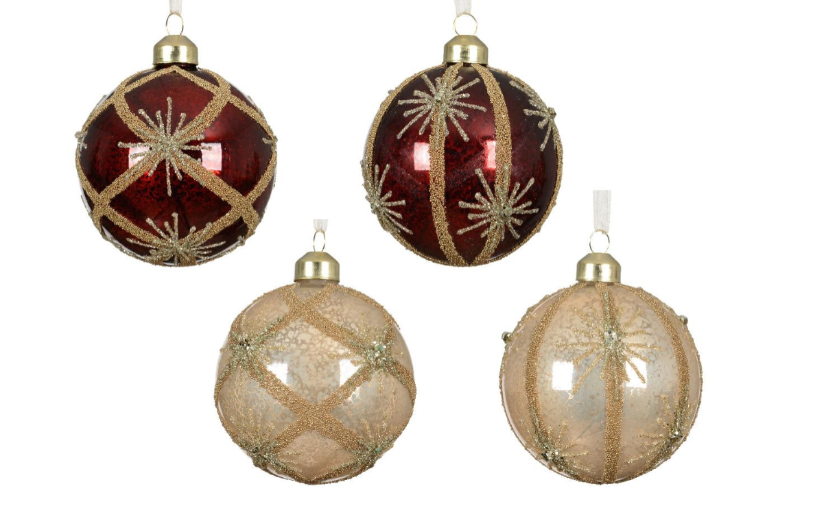 Stikl. kalėdinis eglės žaisliukas PALACE ORNAMENT, raudonos/auksinės sp., 4 rūšys, 8 cm-0