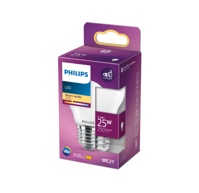 Led lemputė PHILIPS, E27, P45, 2,2W (=25W), 2700 K, 250 lm, matinė-1