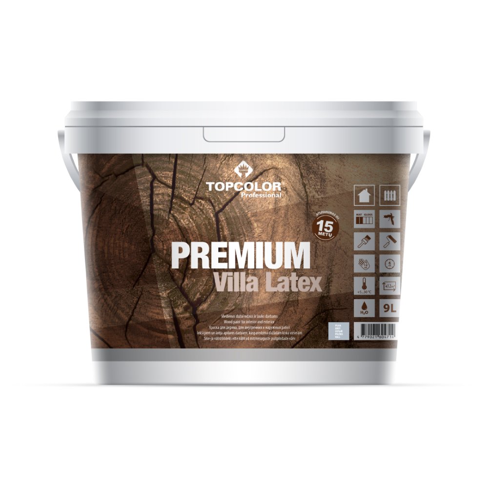 Medinių fasadų dažai TOPCOLOR PREMIUM VILLA LATEX, pusiau matiniai, pilkos sp., 9 l-0