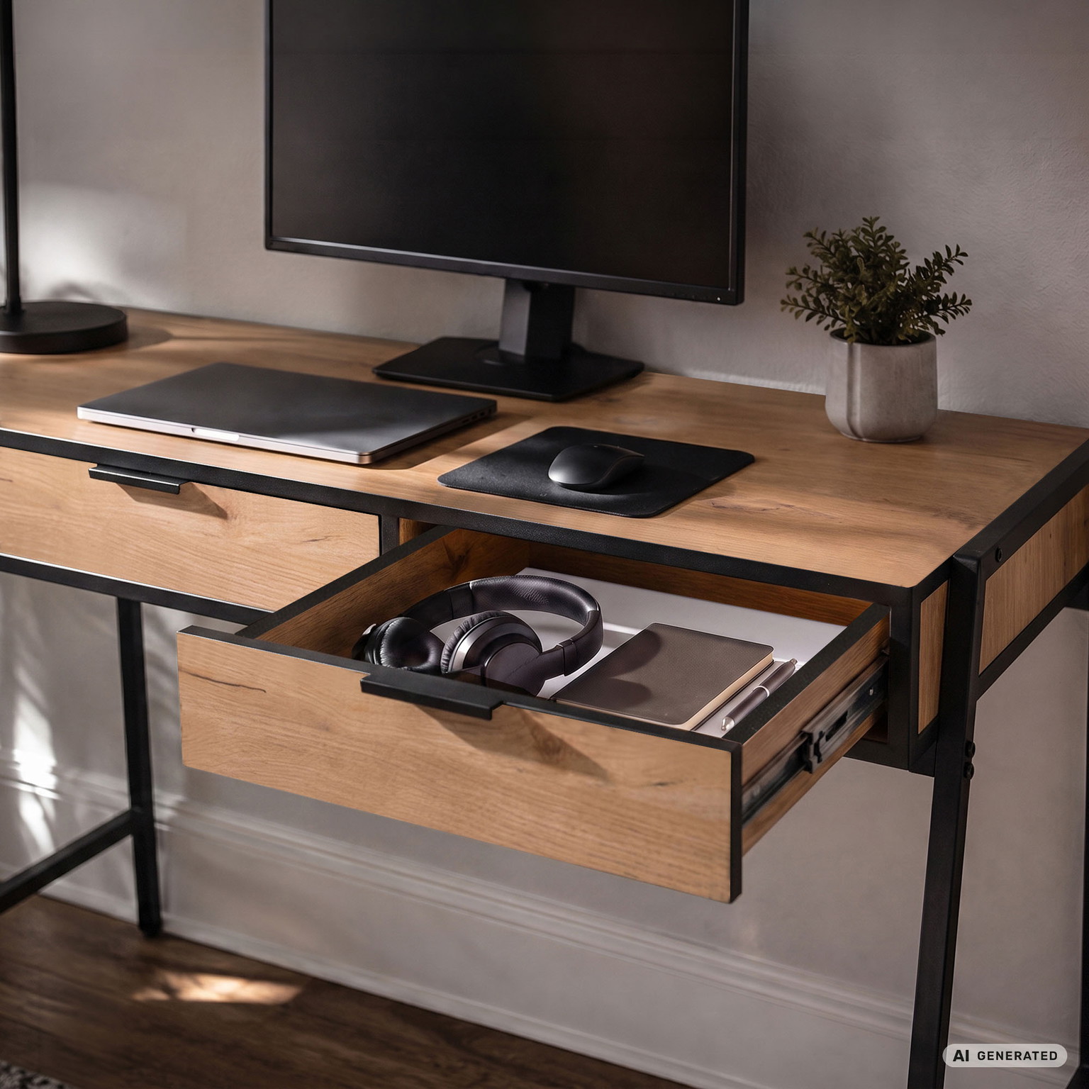 Rašomasis stalas su stalčiais Akord Furniture Factory Zentia, 100 cm x 45 cm, 80.5 cm, juoda sp./oak craft sp. - 6
