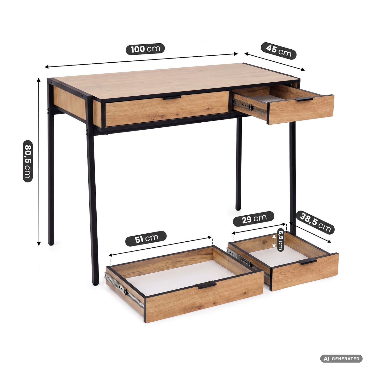 Rašomasis stalas su stalčiais Akord Furniture Factory Zentia, 100 cm x 45 cm, 80.5 cm, juoda sp./oak craft sp. - 3