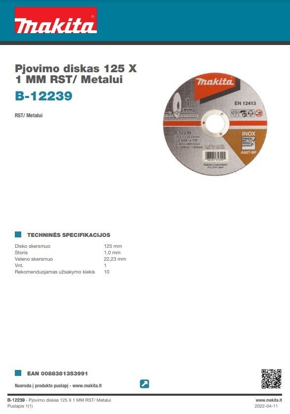 Metalo pjovimo diskas MAKITA, 125 x 1,0 mm, RST - 3
