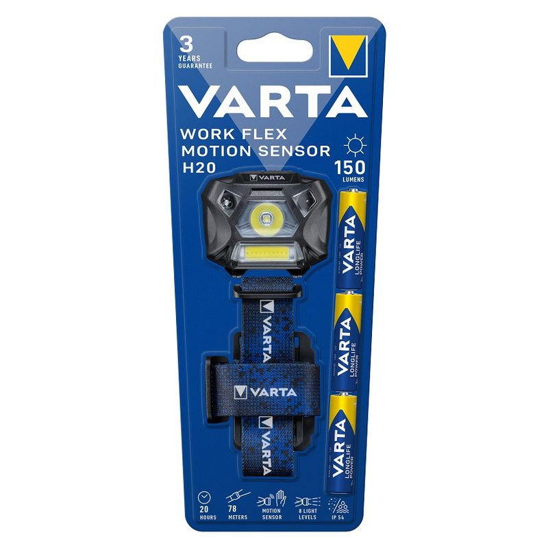 LED žibintas ant galvos VARTA Work Flex Motionsensor,IP54, 150lm, elementai 3xAAA (įeina)-1