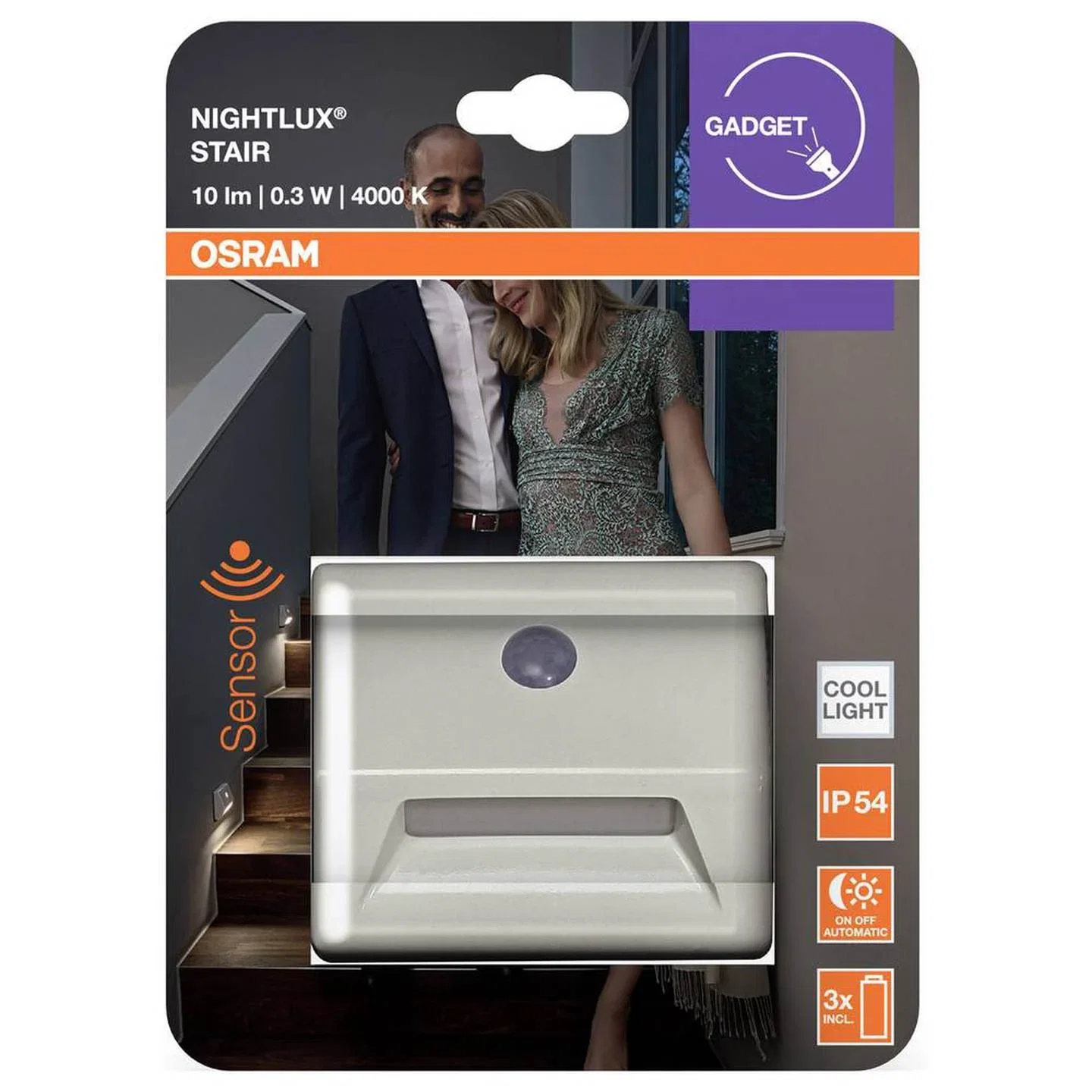 Naktinis LED šviestuvas OSRAM NIGHTLUX STAIR IP54 0,25W 10lm 3xAAA elementai (įeina) su jud.davikliu-1