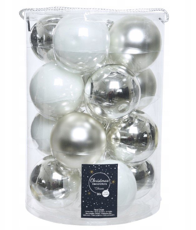 Kalėdinių eglės žaisliukų rinkinys GLASS SHINY, baltos/sidabrinės sp., įvairių rušių, 8 cm, 16 vnt.