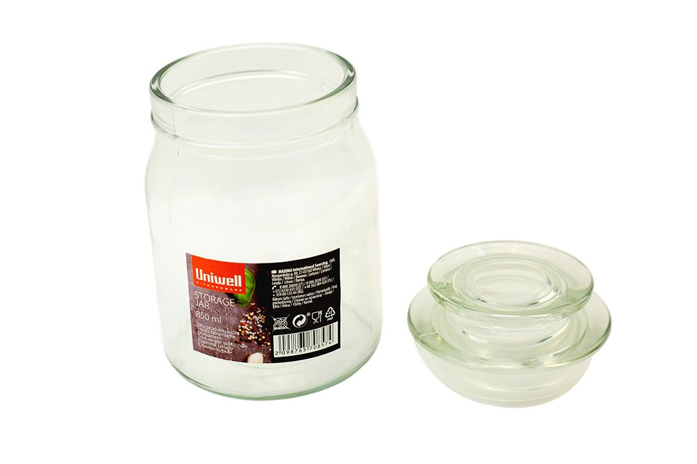 Stiklinis birių produktų indas UNIWELL, su stikliniu dangčiu, 850 ml - 2