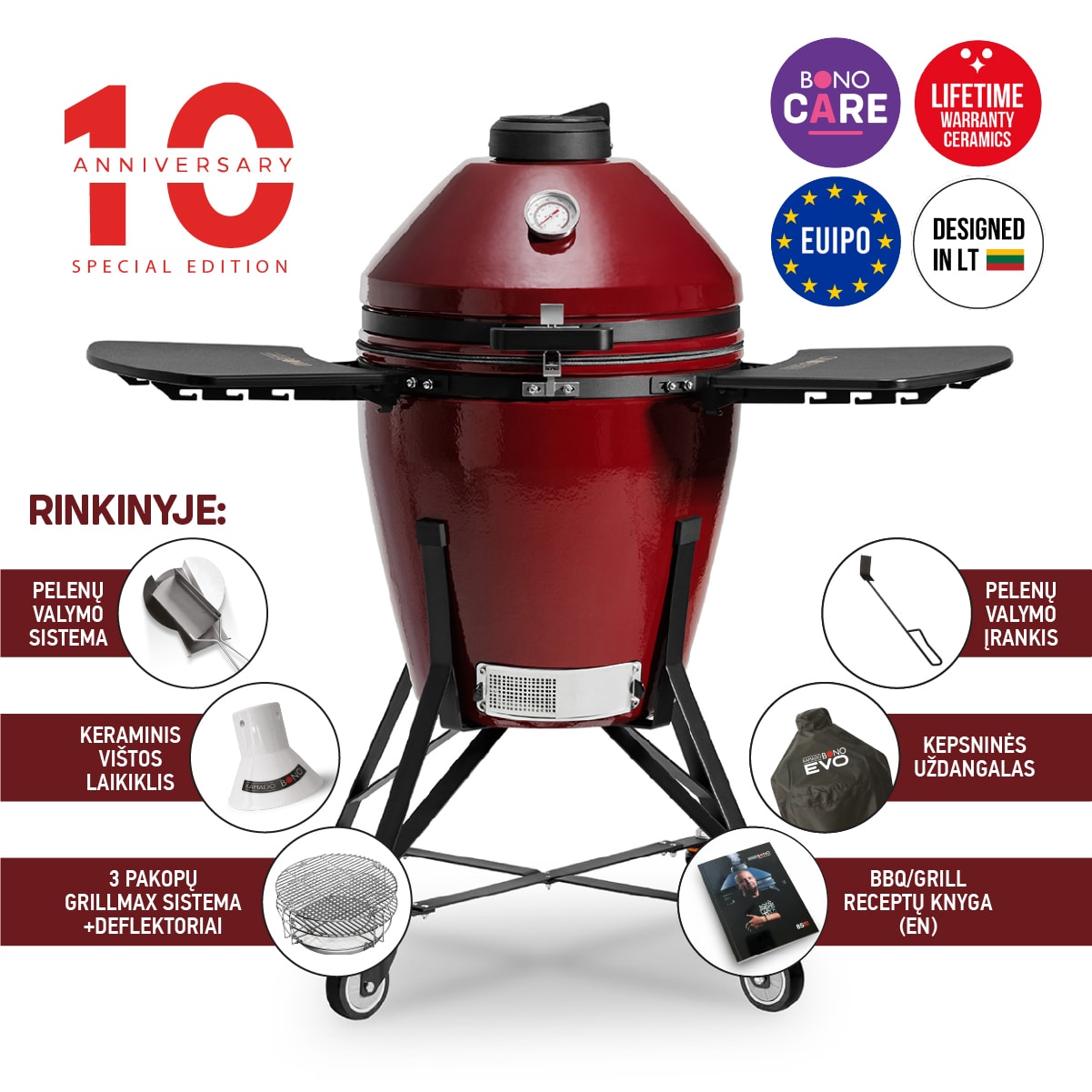 Keraminė kepsninė KAMADO BONO MEDIA EVO, 22", 56 cm, raudonos sp.-0