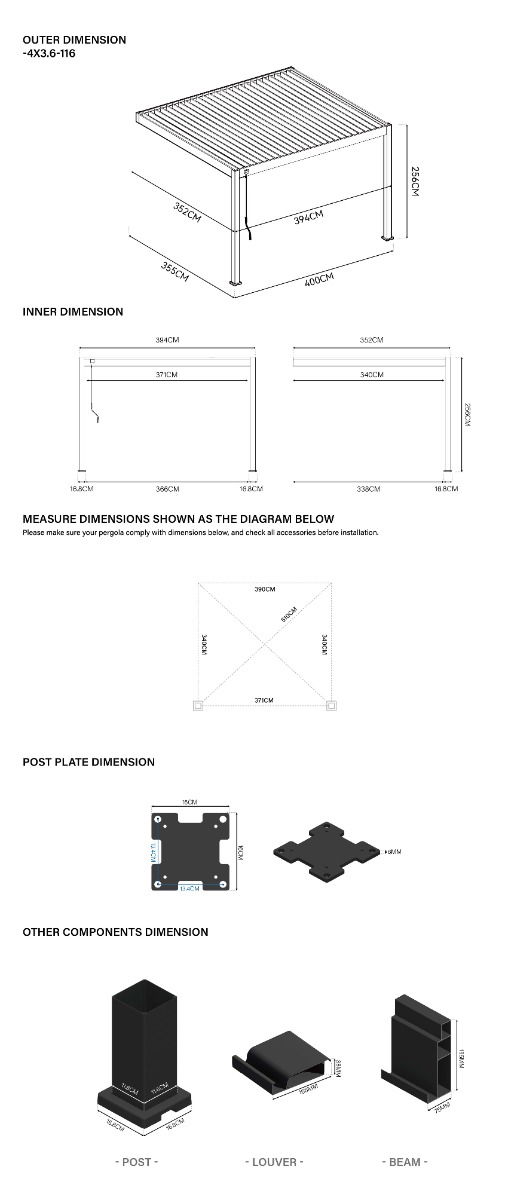 Pavėsinė Pergola DELUXE WALL 360x400x256 cm, Anthracite (montuojama prie sienos) - 8
