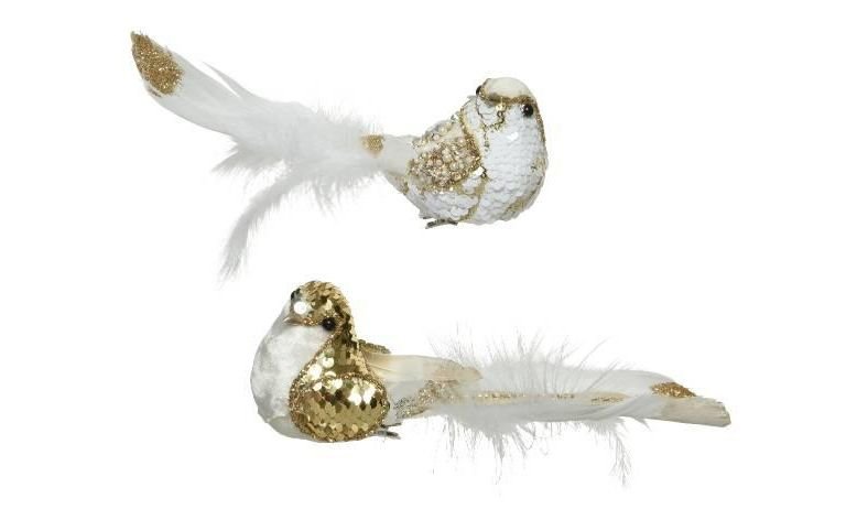 Įsegama kalėdinė dekoracija BIRD, baltos/ auksinės sp., 2 rūšių, 7 x 16 x 21 cm