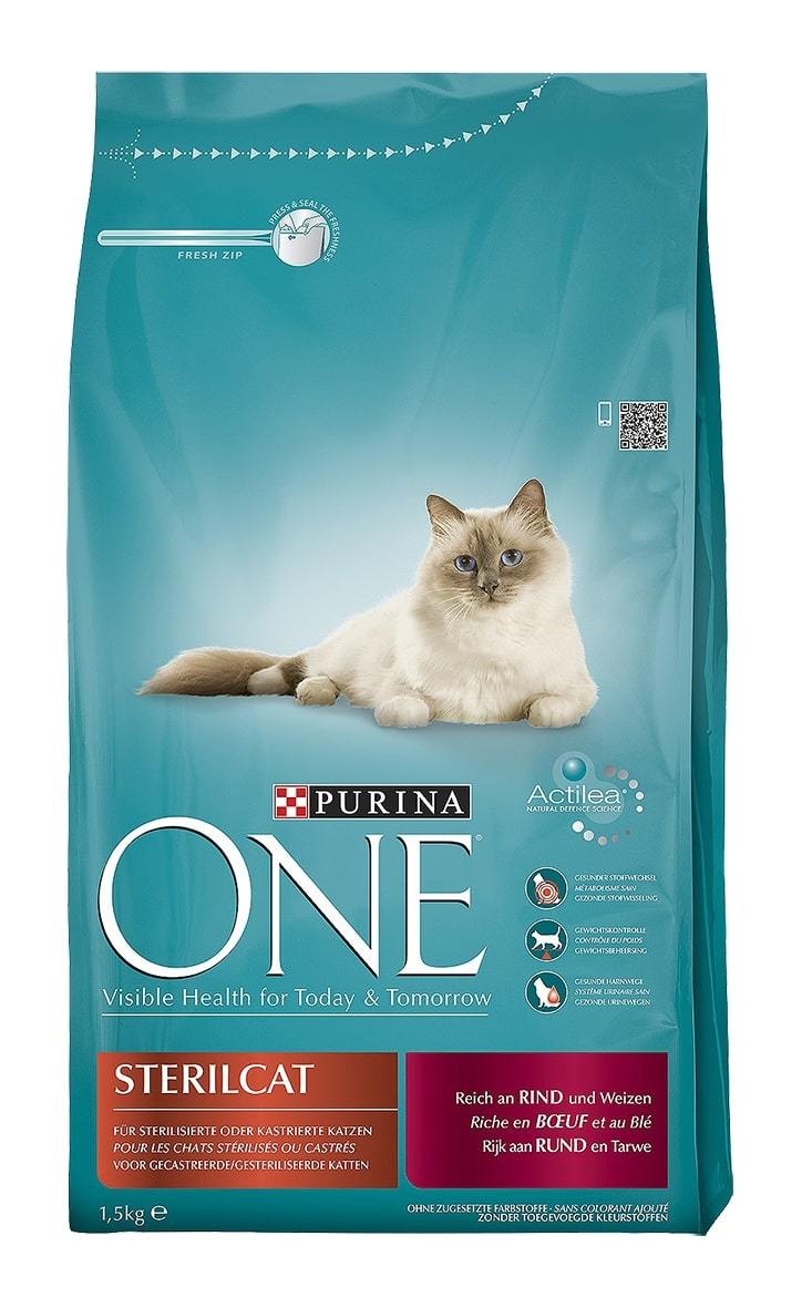 Sausas ėdalas sterilizuotoms katėms ONE, su jautiena, 1.5 kg