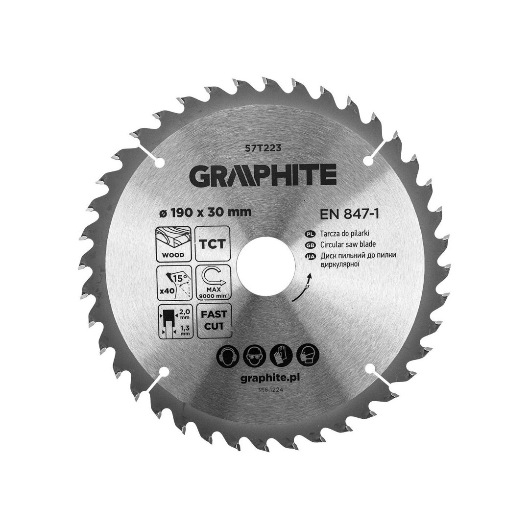 Medžio pjovimo diskas GRAPHITE, 190 x 2,0 x 30 mm, 40 dantų, TCT-0