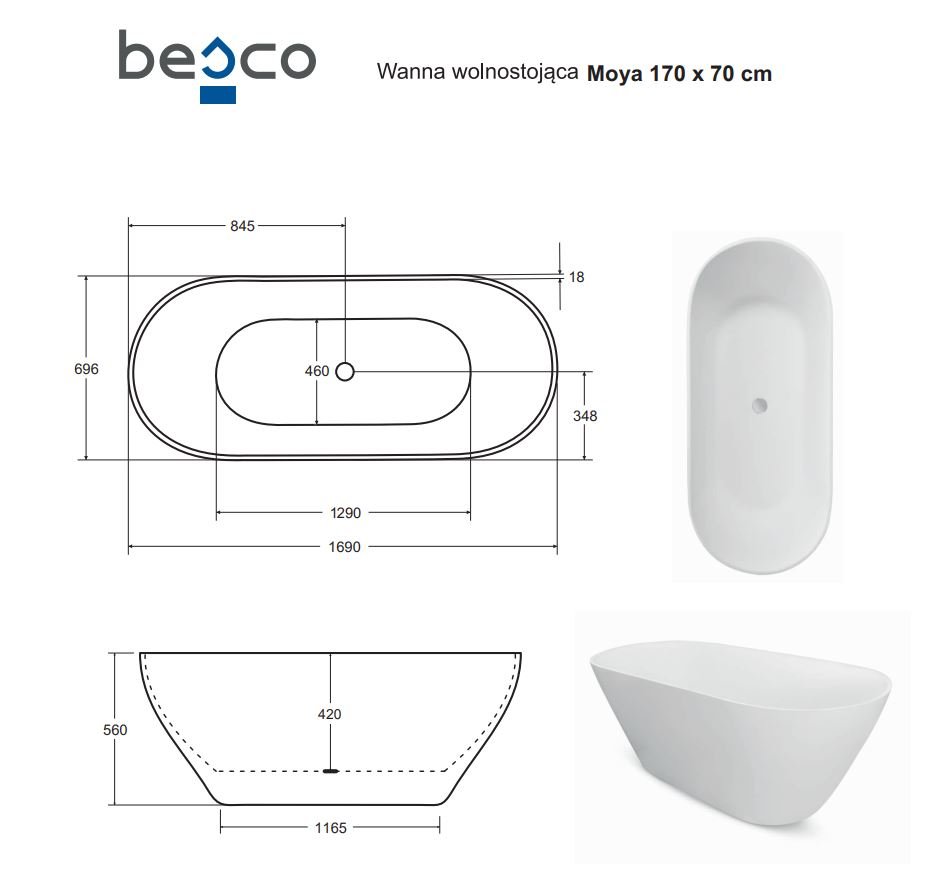 Vonia Besco Moya Matt White 170, su Klik-klak White valomu iš viršaus