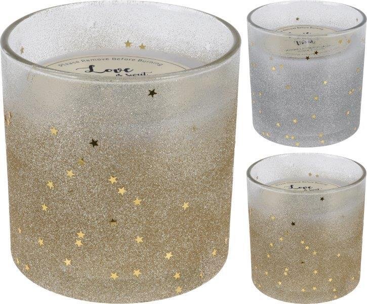 Žvakė stikliniame indelyje GLITTER STAR, aukso arba sidabro sp., 15 x 15 cm