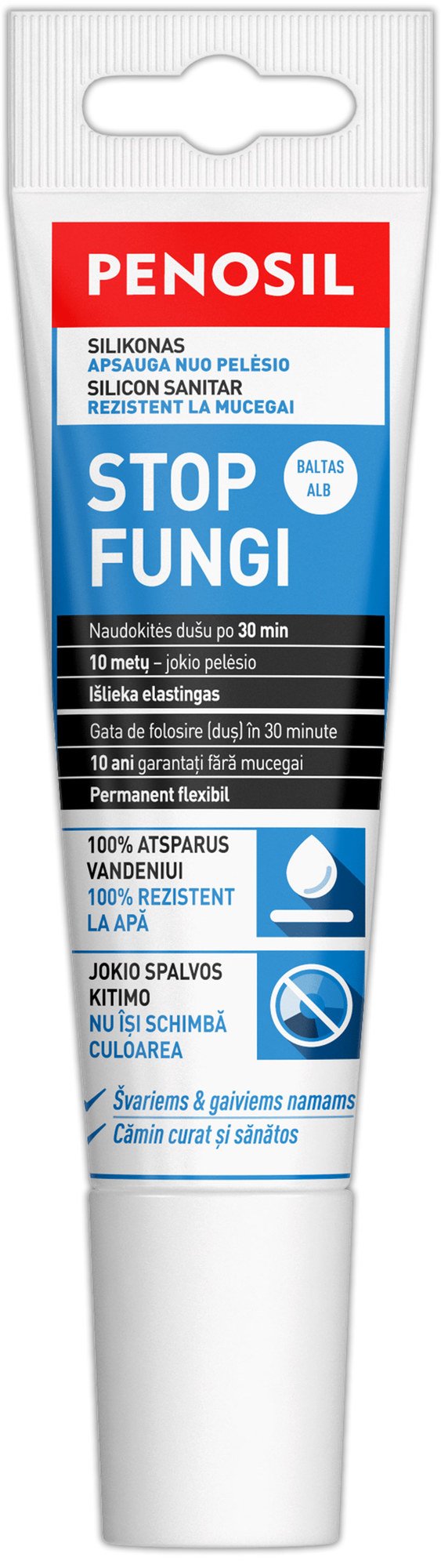 Sanitarinis silikoninis hermetikas PENOSIL STOP FUNGI, baltos sp., 100 ml