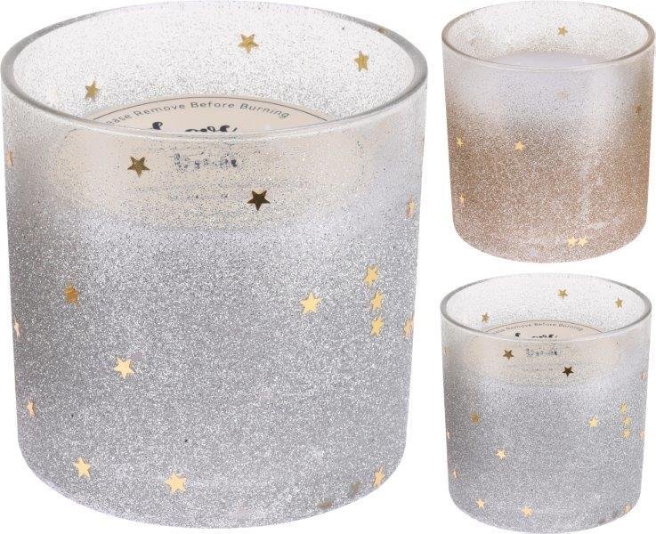 Žvakė stikliniame indelyje GLITTER STAR, aukso arba sidabro sp., 10 x 10 cm