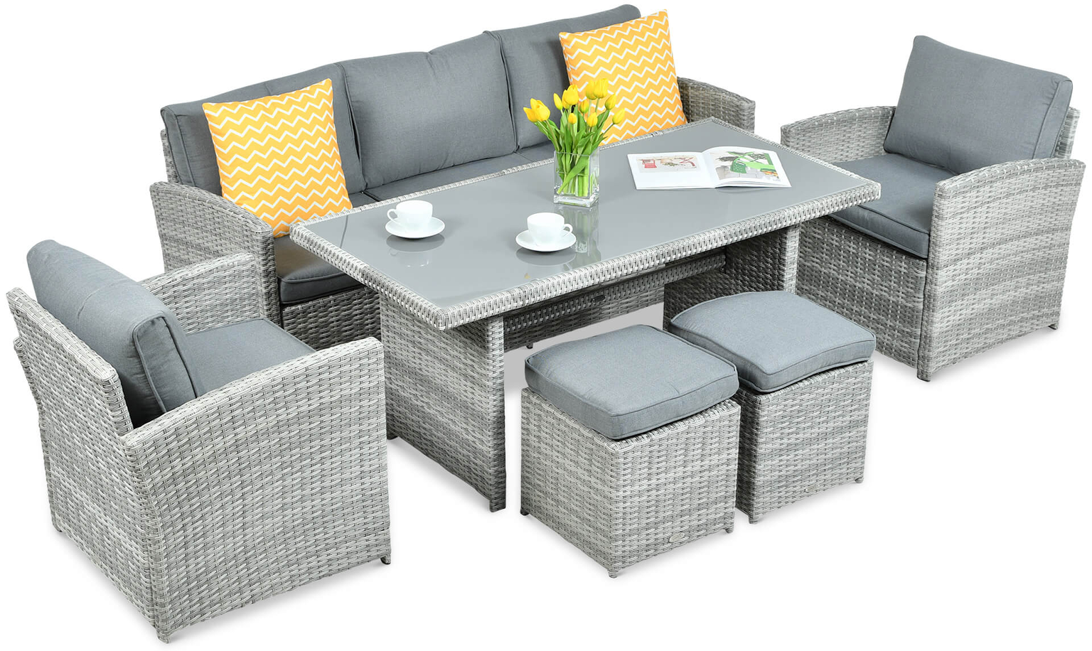 Lauko baldų komplektas BORNEO + su pufais, Stone Grey-0