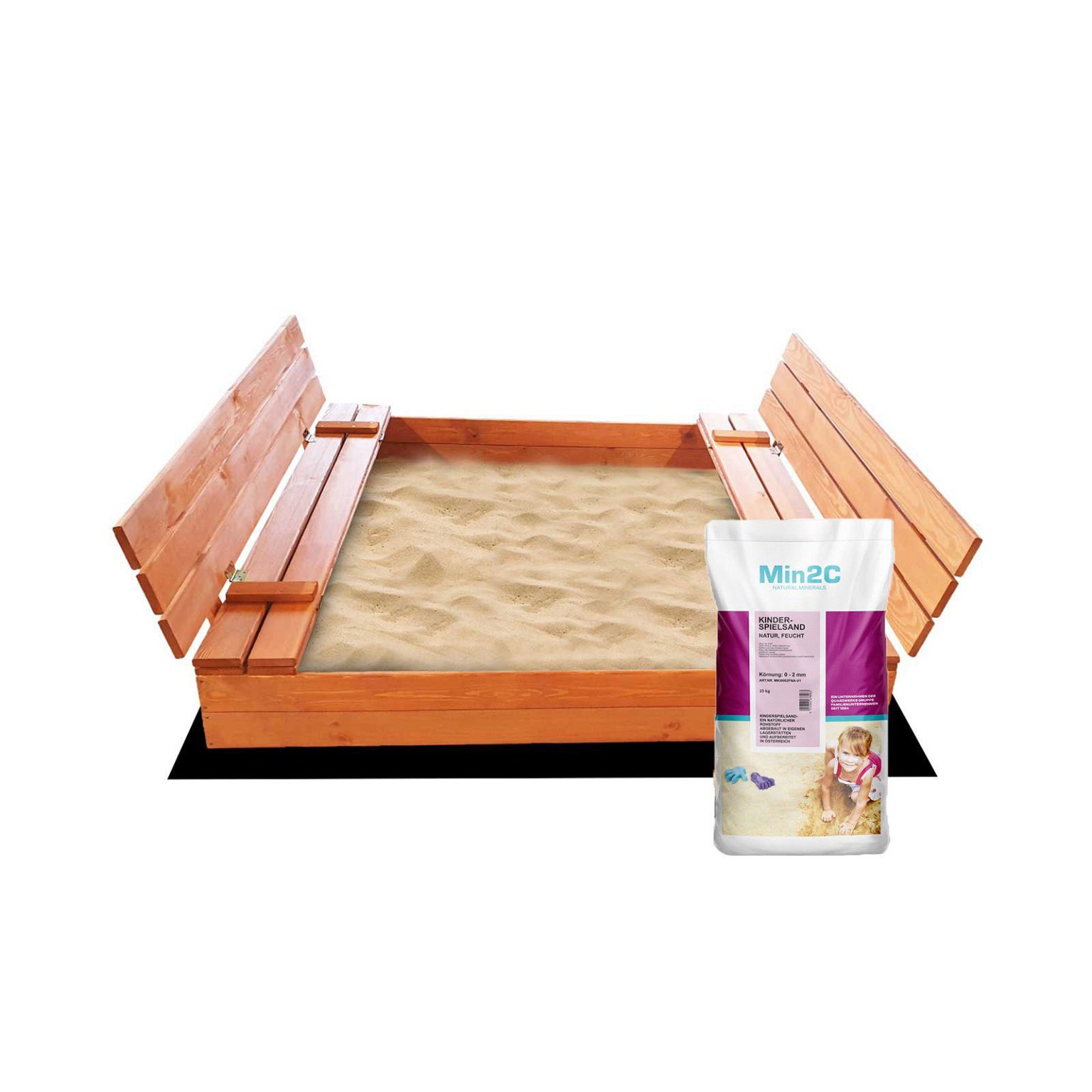 Impregnuota medinė smėlio dėžė su patiesalu, dangčiu ir 250 kg smėlio, 120 x 120 cm