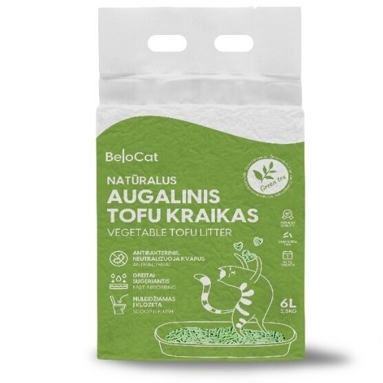 TOFU kraikas katėms BELOCAT, žaliosios arbatos kvapo, 2 mm, 6 L, 2.5 kg-0