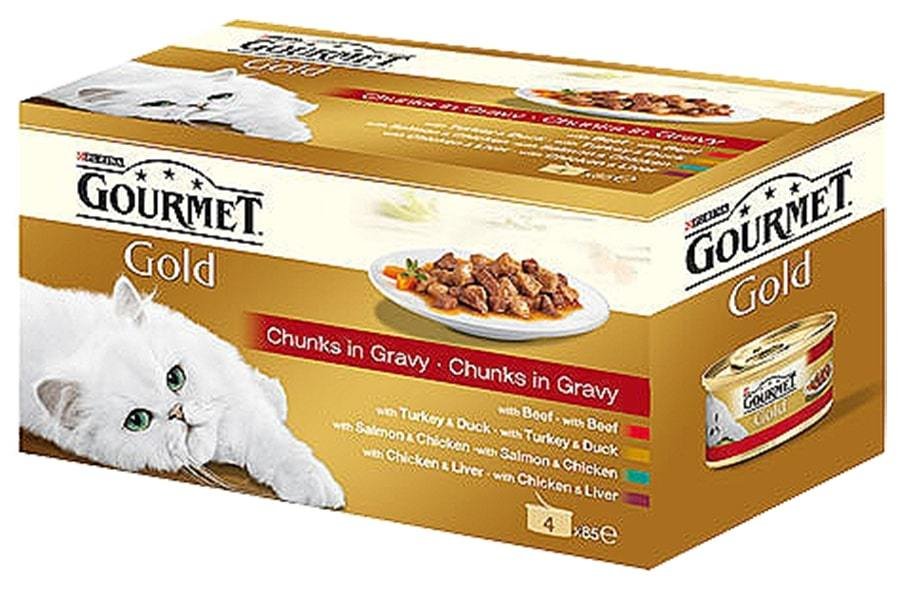 Konservuotas ėdalas suaugusioms katėms GOURMET GOLD, su mėsa, 4 x 85 g