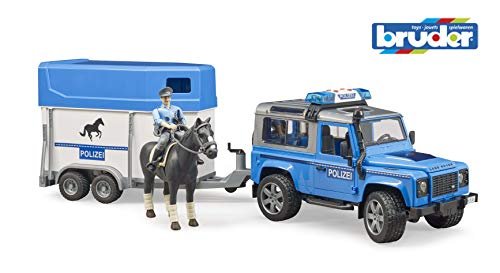 Policijos automobilis Land Rover Defender su žirgo priekaba, žirgas ir policininkas BRUDER