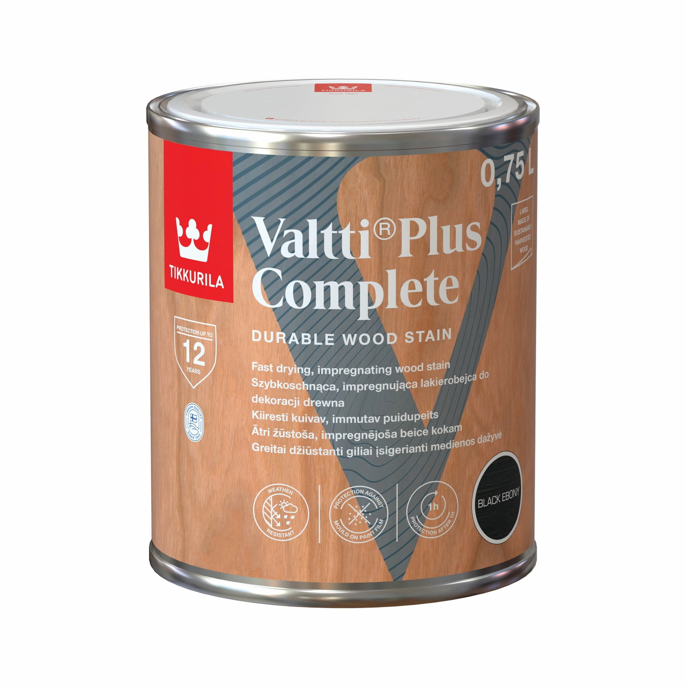 Medienos dažyvė TIKKURILA VALTTI PLUS COMPLETE, šilko matiniai, juodos sp., 0,75 l-0