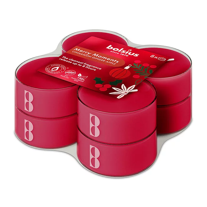 Kvepiančios skridininės žvakės BOLSIUS APPLE CINAMMON, raudonos sp., dega 8 h, 8 vnt-0