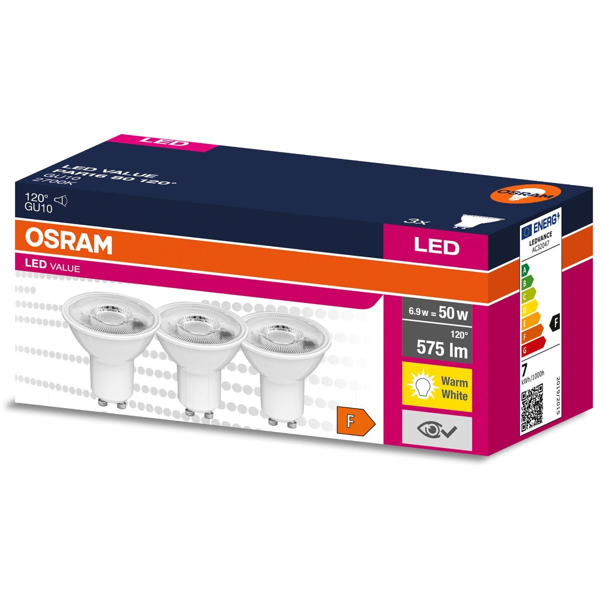 LED lemputės OSRAM Value, GU10, PAR16 80, 6,9W, 2700K, 120°, 575 lm, non-dim, 3 vnt-0