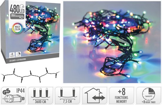 Elektrinė girlianda, IP44 480 LED, 8 režimai RGB įvairių spalvų, 6/18val. laikmatis, 36+3m-1
