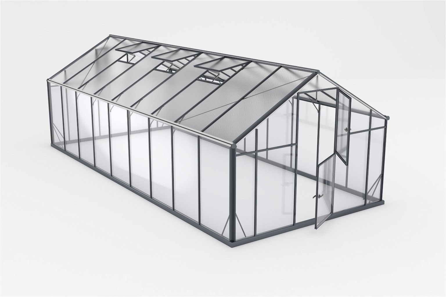 Šiltnamis SANUS HYBRID XL-18 (2,90x6,40m) RAL7016, 4mm grūdinto stiklo sienos, 6mm polikarbonato stogas