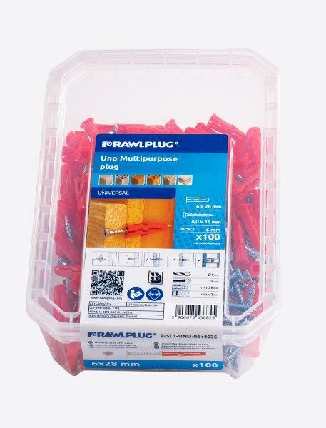 Universalūs nailoniniai kaiščiai UNO, 6,0 X 28 mm, su medsraigčiu, 100 vnt.-0