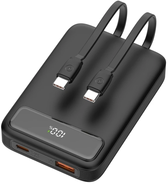 Išorinė baterija DELTACO, 10 000 mAh, 2 integruoti USB-C laidai, PD 20 W, juodos sp.-0