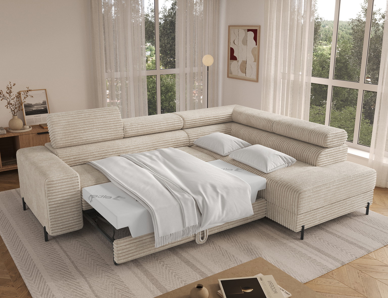 Kampinė sofa - lova Colesio, kreminė sp., dešininė, 200 x 274 cm x 93 cm - 6