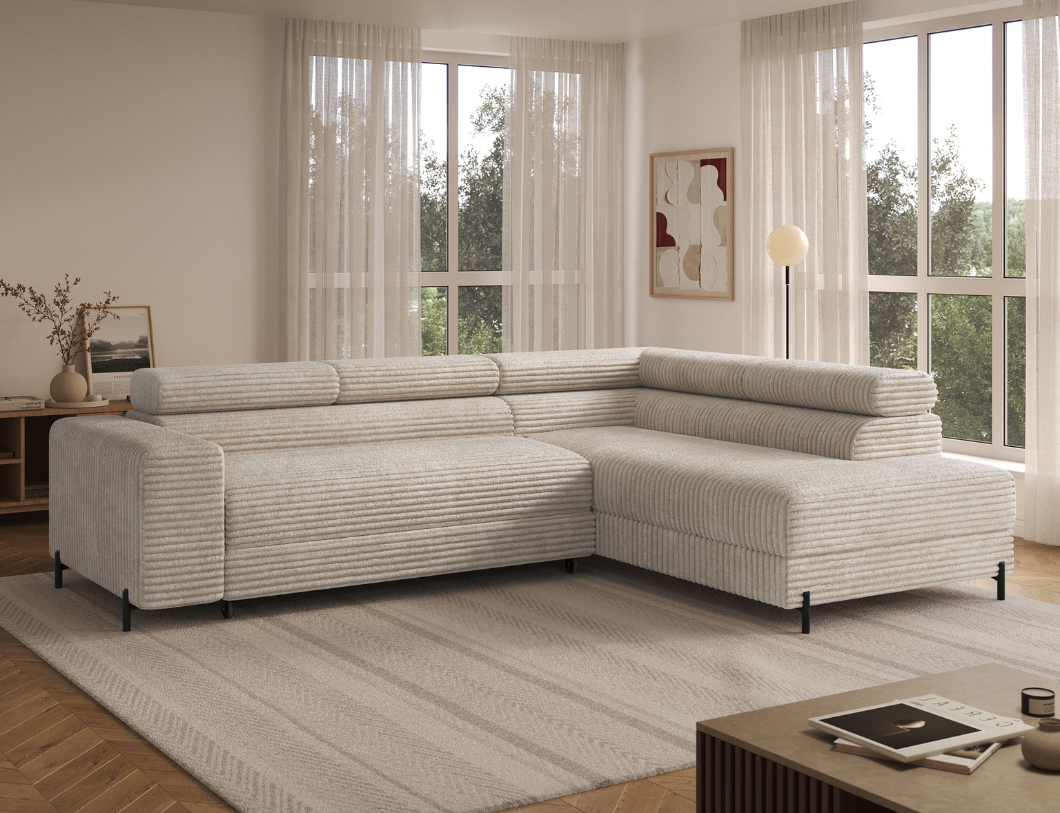 Kampinė sofa - lova Colesio, kreminė sp., dešininė, 200 x 274 cm x 93 cm - 4