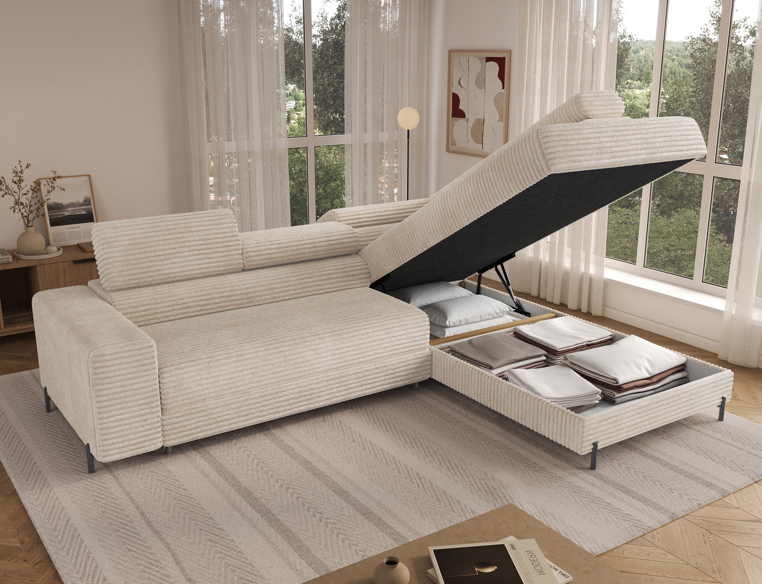 Kampinė sofa - lova Colesio, kreminė sp., dešininė, 200 x 274 cm x 93 cm - 7