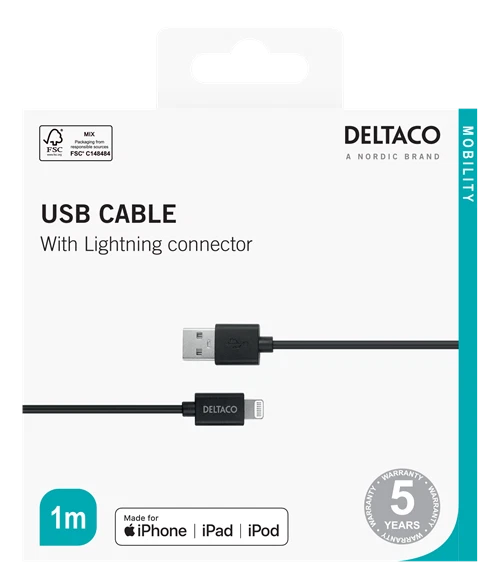 Laidas DELTACO USB-A-Lightning, 1m, Apple C189 chipset, MFi, FSC, juodos sp. - 3