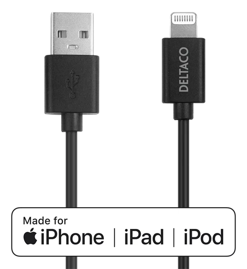 Laidas DELTACO USB-A-Lightning, 1m, Apple C189 chipset, MFi, FSC, juodos sp.-0
