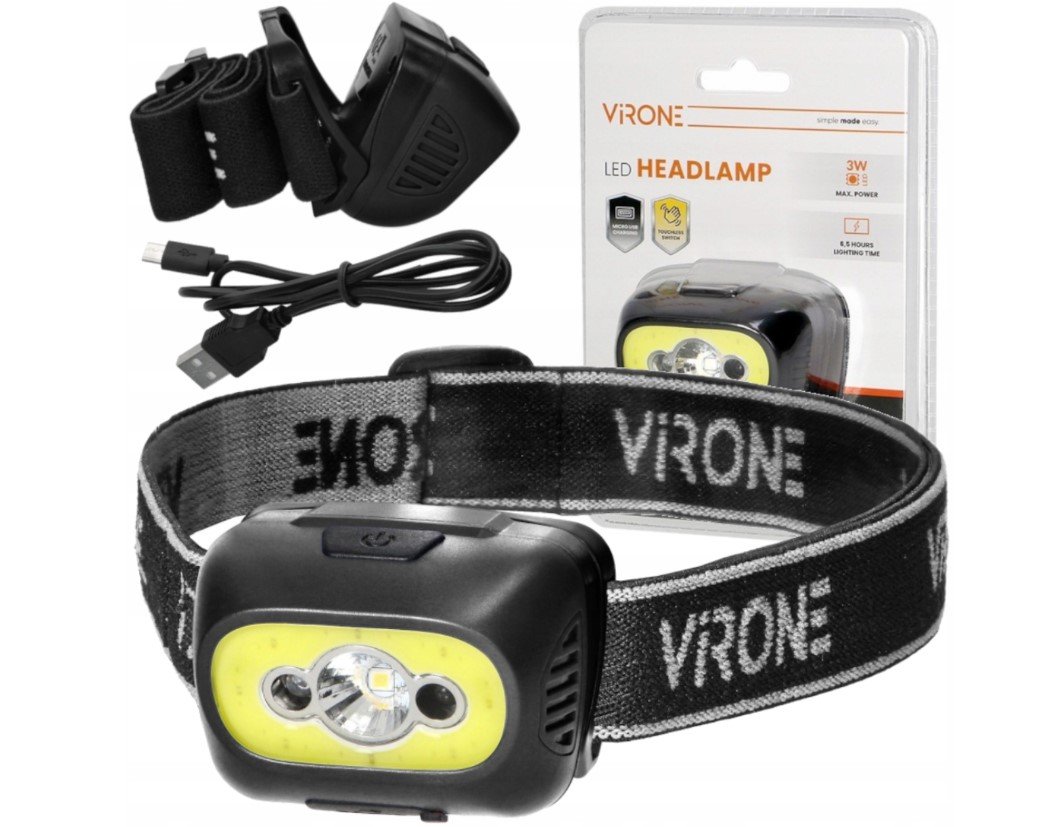 Pakraunamas LED žibintas ant galvos VIRONE, 3W, 350lm, pakraunamas USB, juodos/geltonos sp