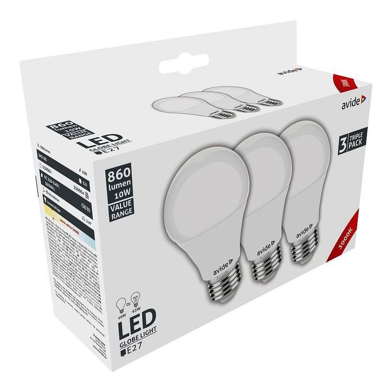 LED lemputės AVIDE, E27, A60, 10W (=63W), 3000K, 220-240V, 860 lm, 3 vnt