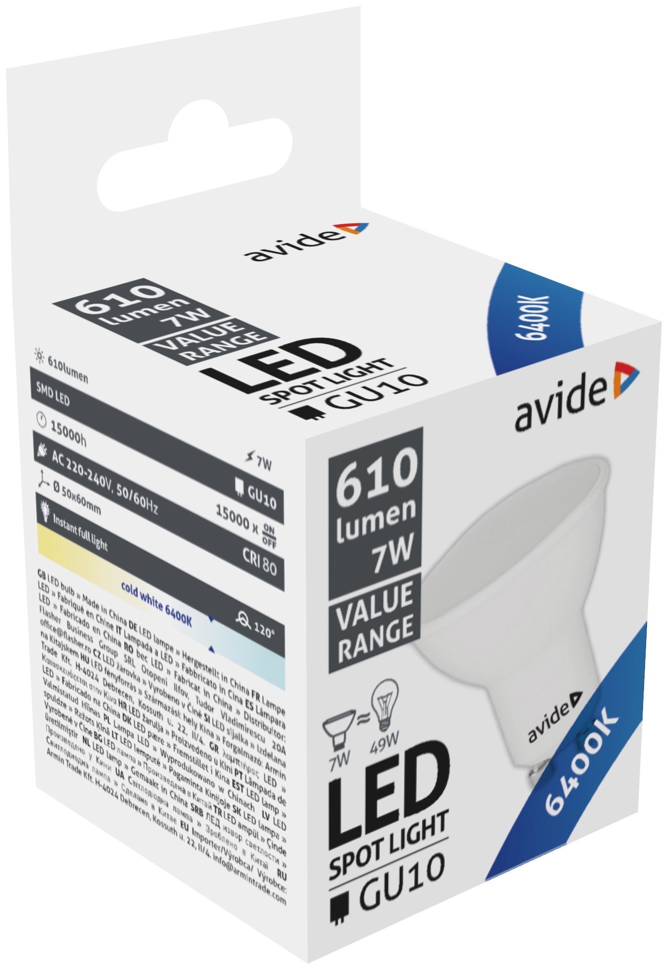 LED lemputė AVIDE, GU10, 7W (=49W), 6400K, 220-240V, 610 lm, 110°