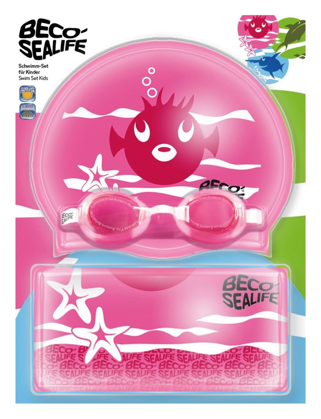 Plaukimo rinkinys BECO, rožinės sp., akiniai, kepurelė, krepšys