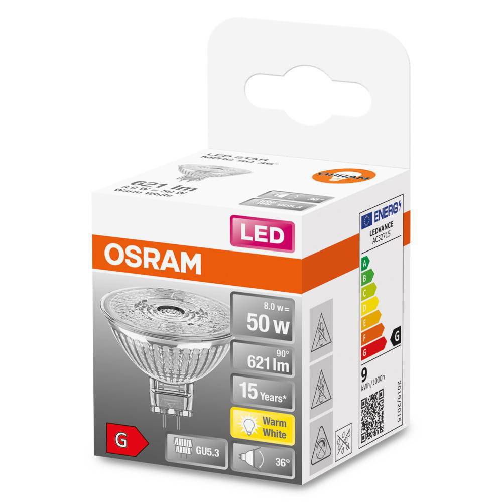 LED lemputė OSRAM Star MR16, GU5.3, 8W, 2700 K, 36°, 621 lm, šiltai baltos sp.-1