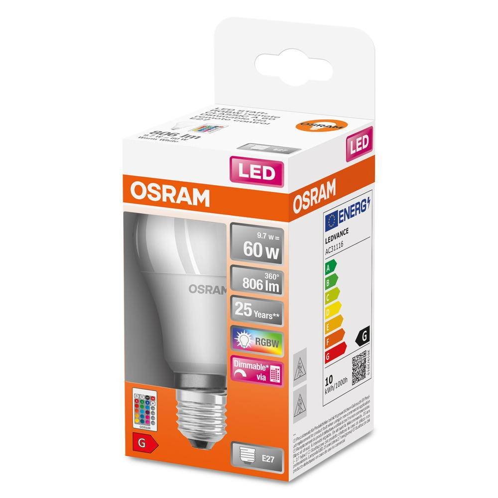 LED lemputė OSRAM E27, A60, 9,7W, 2700K, RGBW, 806 lm, matinė, su pulteliu - 2