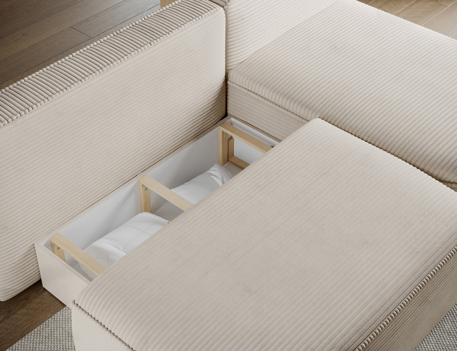 Kampinė sofa - lova Livosa Jarell 18, smėlio sp., dešininė, 144 x 220 cm x 93 cm - 7