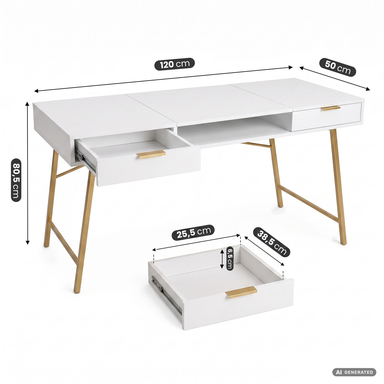 Rašomasis stalas su stalčiais Akord Furniture Factory Arden, 120 cm x 50 cm, 80.5 cm, aukso sp./balta sp. - 3