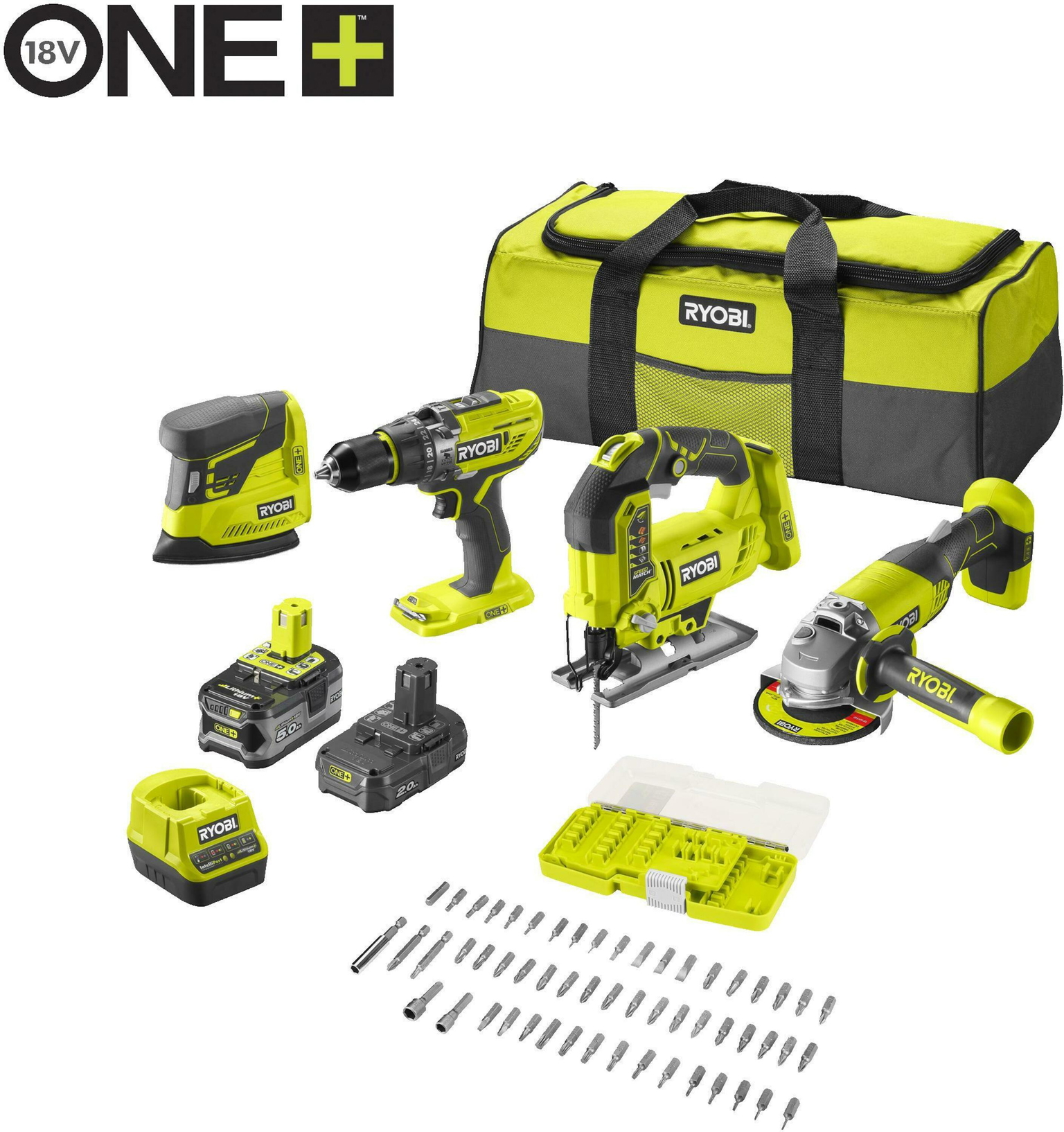 Akumuliatorinių įrankių komplektas RYOBI ONE+ R18CK4F-252S, 18 V, 2,0+5,0 Ah Li-ion-0