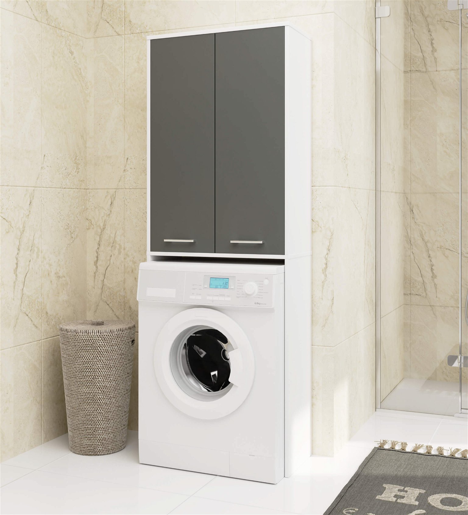 Pastatoma vonios spintelė virš skalbimo mašinos FIN 2D, 60 cm, balta/pilka - 4